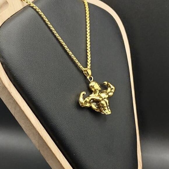 s-l400.jpg Gold Steel Bodybuilder Necklace Fitness Weightlifter Weightlifting Gym Gift NEW!